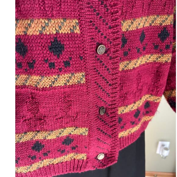 Sweaters of Ireland Vintage Cardigan 100% Pure Wool Fair Isle Maroon Gold Large - Picture 5 of 13